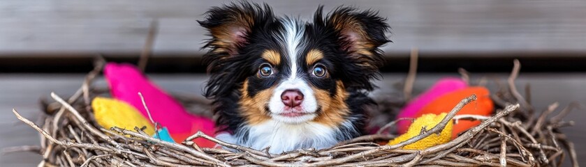 Cute Puppy Nestled in Colorful Nesting Materials