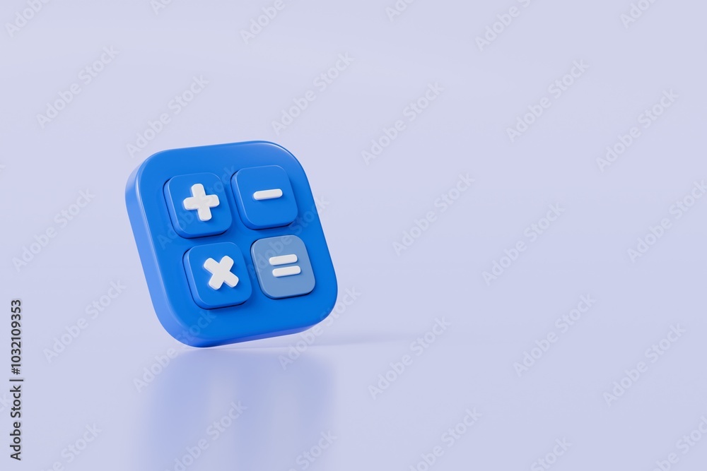 Poster 3d calculator buttons with a plus, minus, multiply, and equal icon isolated on purple background. mo