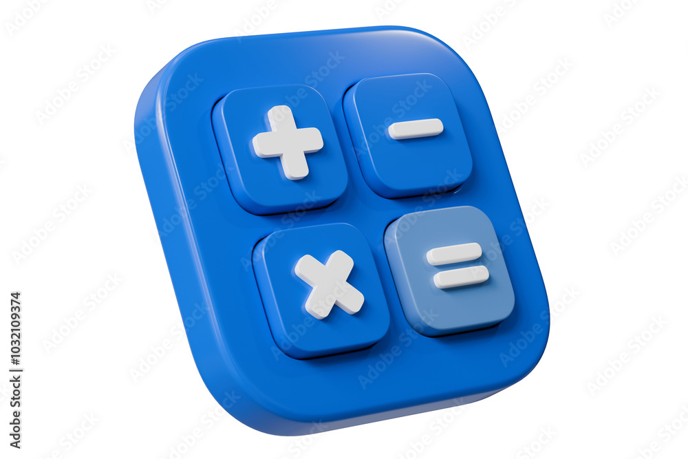 Poster 3d calculator buttons with a plus, minus, multiply, and equal icon isolated on purple background. mo