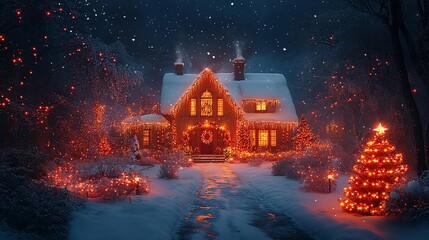 A cozy, snow-covered house adorned with festive lights and a Christmas tree in winter.