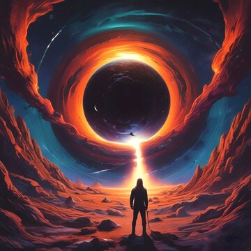 Illustration of black hole sacking planet with dast and dramatic lights.