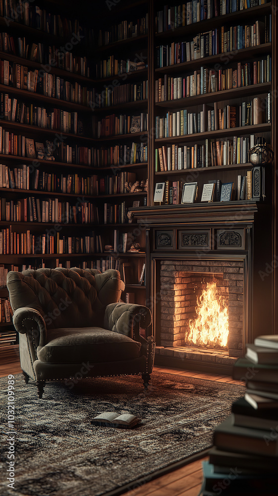 Poster Cozy Home Library with Fireplace and Wall-to-Wall Bookshelves  