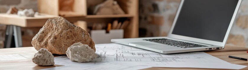 Laptop on wooden desk with blueprints and rocks, showcasing a modern workspace environment.