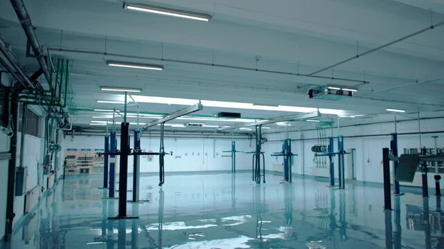 Light reflects off the shiny epoxy floor of an empty garage