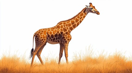 Fototapeta premium A realistic illustration of a giraffe standing in a grassy landscape.