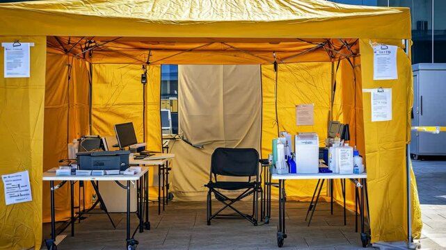 A yellow tent with a table, chairs, and computers set up for testing outside a building