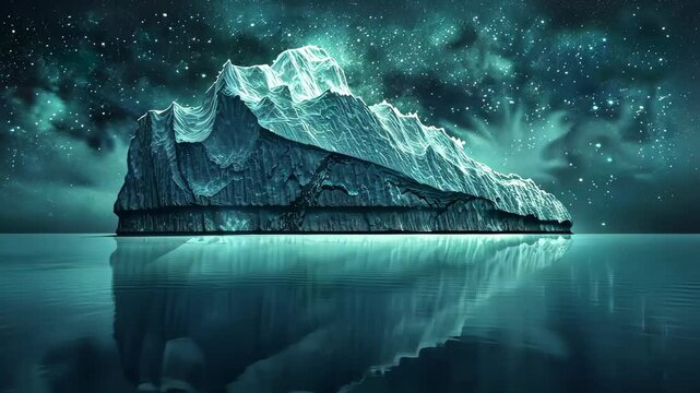Majestic iceberg under a starry night sky, serene reflection on calm water. Natural wonder and tranquility concept.