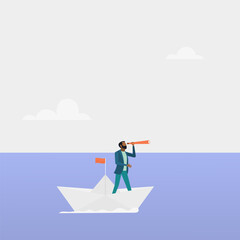 A business leader looks through binoculars at paper boats, challenging the crisis. Vector illustration.	