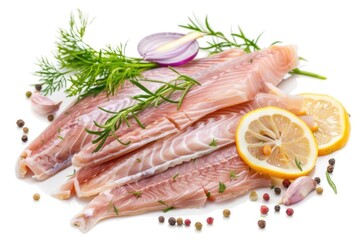 Fresh raw fish fillets prepared with lemon, pepper, and dill