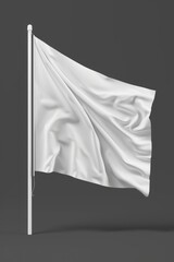 A white flag waving freely in the wind against a gray background, perfect for representing surrender or truce