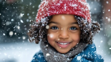 Happy biracial child plays in the snow on a winter day
