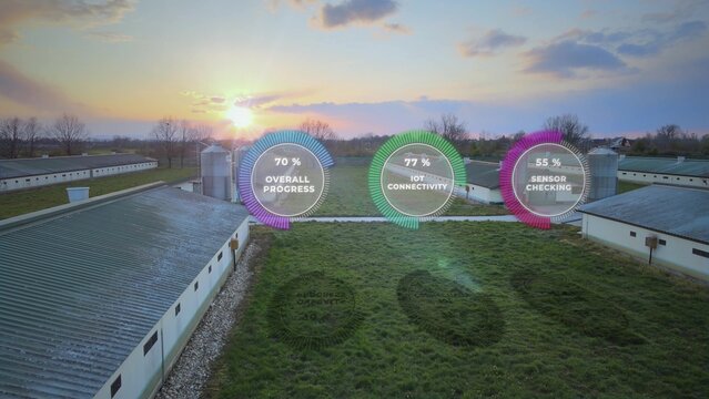 Smart Farming on Chicken Poultry Farm with Infographic Statistic of Automation and Monitoring System. Aerial drone shoot at sunset