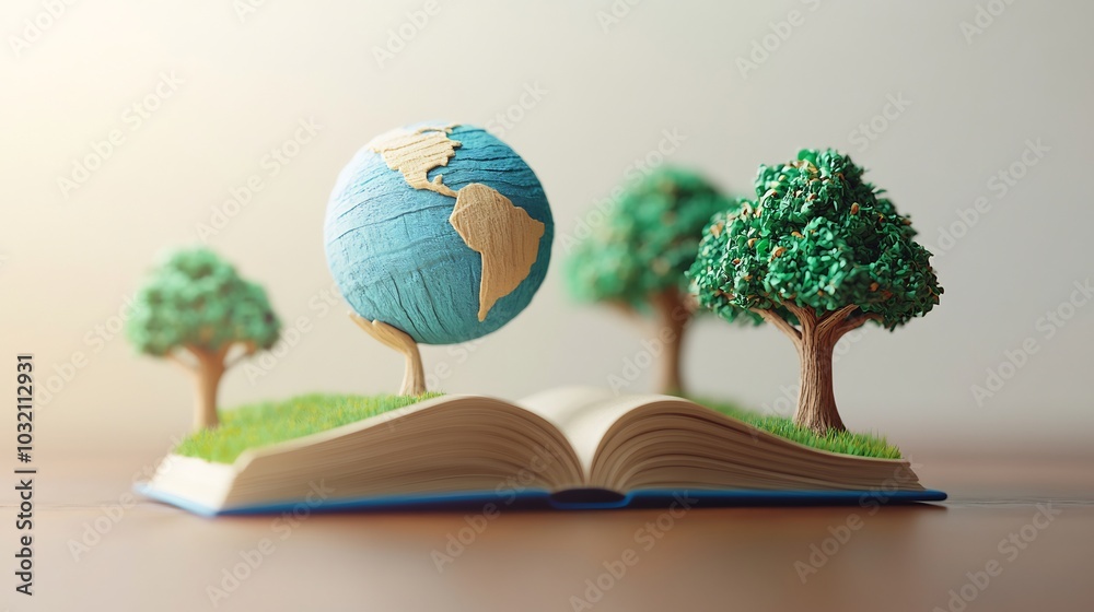 Poster stylish 3d illustration for world book day featuring an open book with a globe and simple tree shape