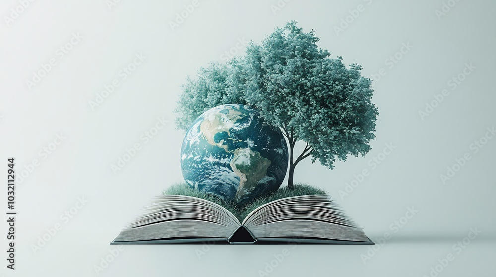 Poster stylish 3d illustration for world book day featuring an open book with a globe and simple tree shape