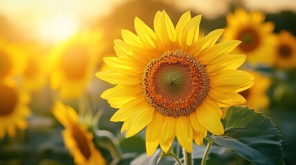 Fototapeta premium A Single Sunflower in a Field at Sunset