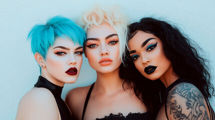 Obraz premium Three women with different hair colors and makeup styles pose for a photo. Scene is playful and fun, as the women are dressed in black and wearing bold makeup