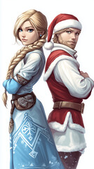 Fototapeta premium Festive man and woman in Christmas-themed outfits posing back to back 