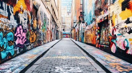 Naklejka premium Vibrant Urban Alleyway, a dynamic space filled with colorful murals and street art, showcasing creative expressions and spray cans scattered throughout the lively scene.