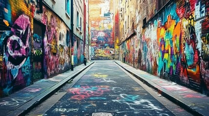 Obraz premium Vibrant Urban Alleyway, a lively scene featuring colorful murals and expressive street art, surrounded by scattered spray cans, capturing the essence of city creativity and culture.