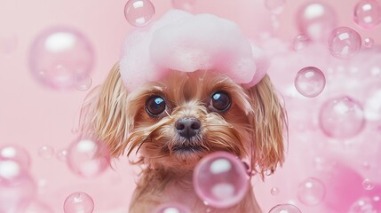 Cute dog with bubbles and foam, symbolizing pet grooming and care. Pet Care.