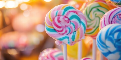 Colorful swirl lollipops on sticks.