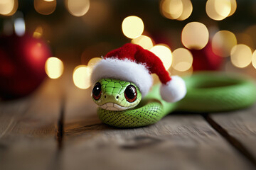 AI Image. Traditional Chinese green snake wearing Santa hat. Chinese Lunar New Year concept