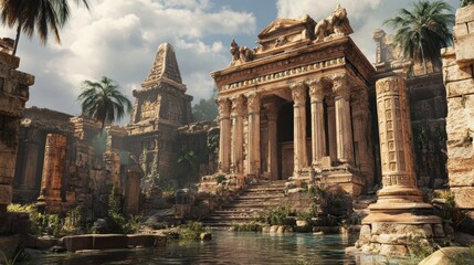 Ancient temple ruins overgrown with vegetation.