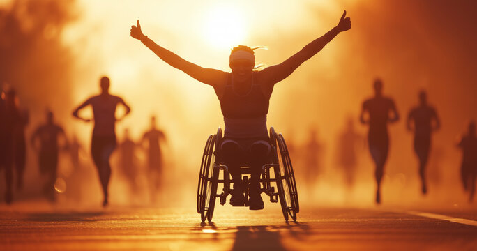 A determined female athlete in a wheelchair crossing the finish line with her arms raised in triumph at sunset, competing alongside runners in the background, symbolizing resilience and inclusion