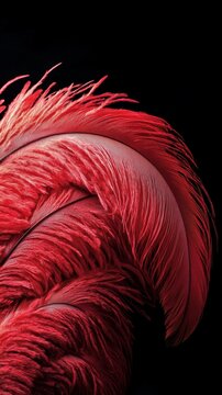 Captivating close-up of vibrant red feathers, their delicate barbs creating a soft and alluring texture against a stark black backdrop