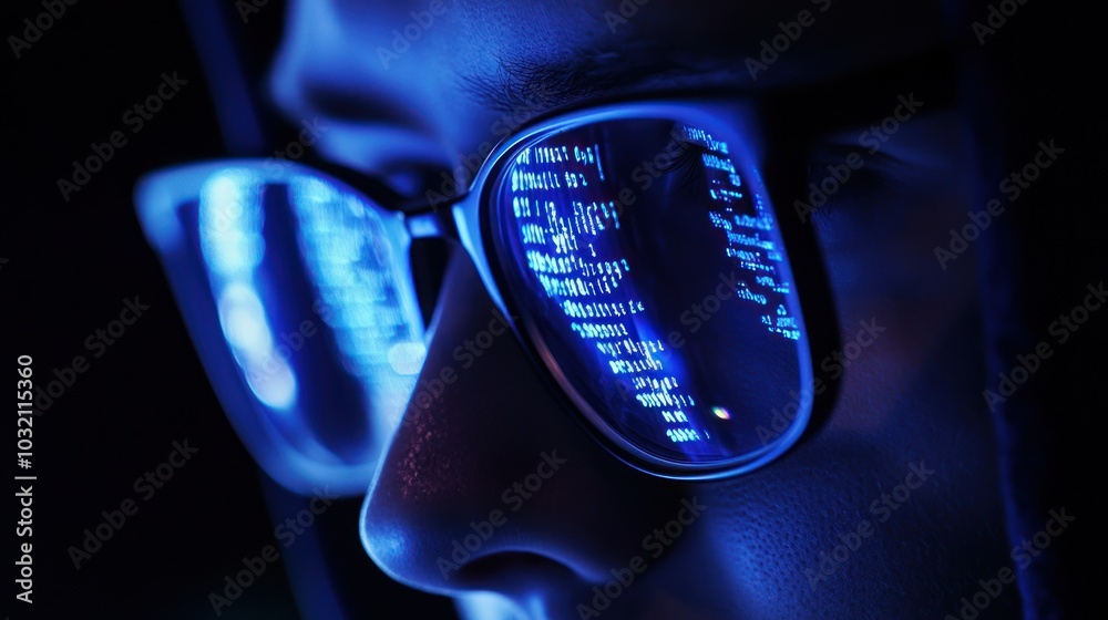 Poster hacker with code reflected in glasses