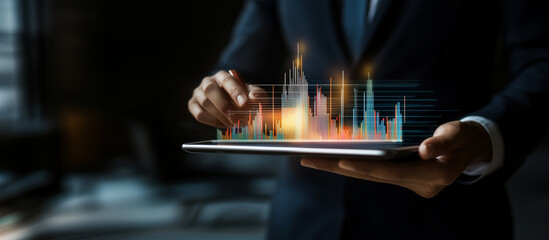 Business professional using a digital tablet with glowing financial graphs and data projections, symbolizing the future of technology in financial analysis, investment strategies, and market growth