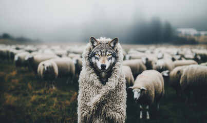 Wolf disguised in sheep's clothing amidst a flock of sheep, symbolizing deception, cunning, and hidden intentions