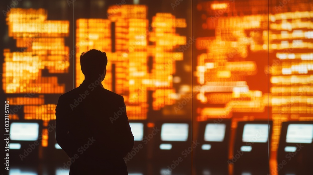 Poster man observing a digital display of data