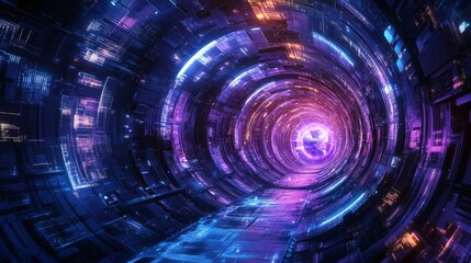 Fototapeta premium Futuristic digital tunnel with glowing neon lights in vibrant shades of pink, purple, and blue, creating a sci-fi atmosphere of speed and technology