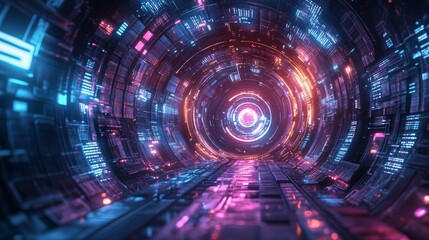 Fototapeta premium Futuristic digital tunnel with glowing neon lights in vibrant shades of pink, purple, and blue, creating a sci-fi atmosphere of speed and technology