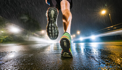 a person jogs through the rainy city at night, AI generated