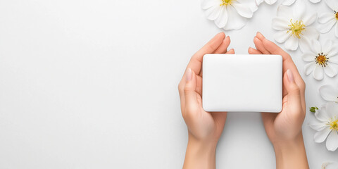 Obraz premium White Flexible Pouch Mock-Up for Relaxation Products with Hands and Floating Passionflower Petals for Mood Balance Advertising