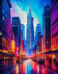 Fototapeta premium city skyline at night. urban Frankfurt Main Germany city in neon style. Hyperrealism