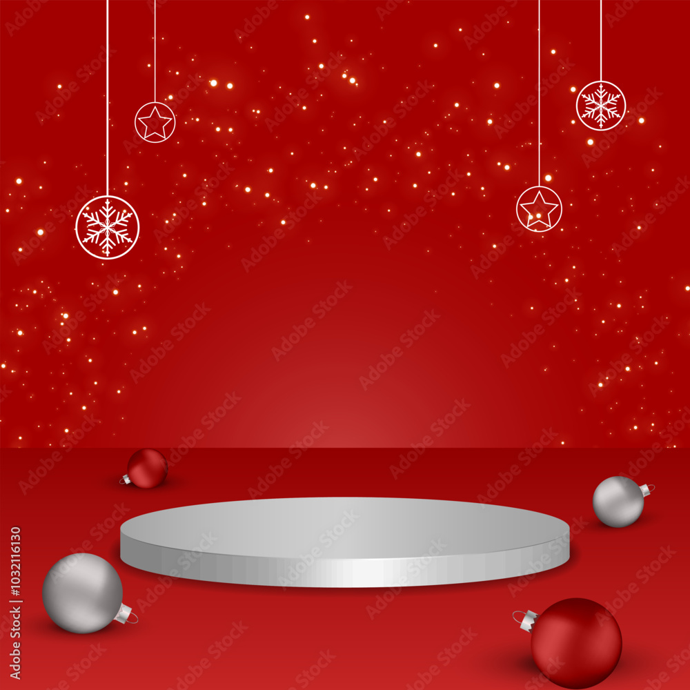 Wall mural christmas background with empty white podium for product display and christmas decoration elements. 