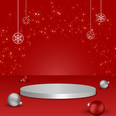 Christmas background with empty white podium for product display and Christmas decoration elements. Vector illustration.