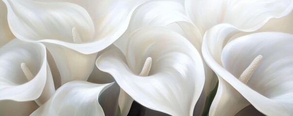 Delicate white calla lilies are blooming together creating an elegant floral background for wedding invitations, greeting cards, or any project needing a touch of sophistication