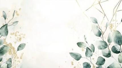 Eucalyptus Elegance, a delicate watercolor bouquet featuring lush green eucalyptus leaves intertwined with shimmering golden geometric shapes, perfect for a sophisticated wedding invitation.