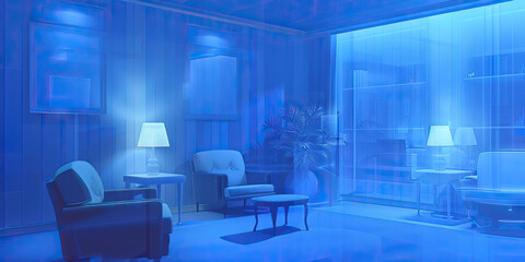 A serene, blue-hued abstract background showcasing a psychiatrist's office, with comfortable furniture and a soothing color scheme.