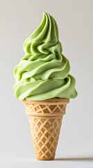Matcha Soft Serve Delight, creamy green tea flavor, served in a crisp cone, set against a clean white backdrop, inviting and refreshing treat