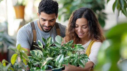 Couple caring houseplants at home. Multiracial middle aged man and woman with green plants