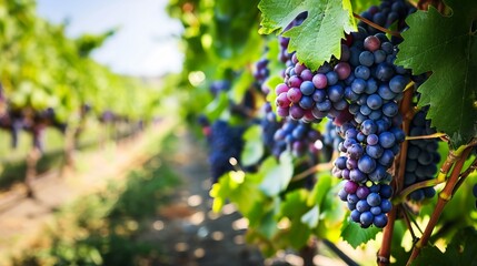 Purple Bounty: Exploring Luscious Grape Clusters in Vast Vineyards