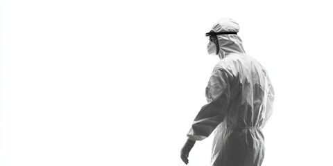 Fototapeta premium A person wearing a protective suit and goggles walks, likely for hazardous materials handling or chemical processing