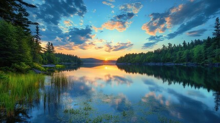 Fototapeta premium Sunset over a still lake in the woods.