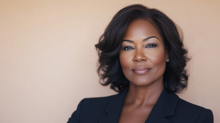 Fototapeta premium Portrait of confident middle aged black woman in suit with neutral background