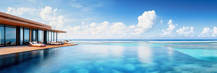 Luxury Infinity Pool Villa with Ocean View, Turquoise Water, and Blue Sky with Fluffy White Clouds
